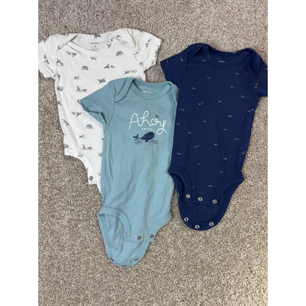 Carters Just One You Baby Boys 3 Pack Bodysuits Blue White Nautical Dogs 3M